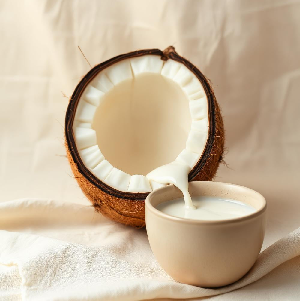 A halved coconut with white coconut milk pouring into a small beige ceramic cup, set against a soft beige fabric backdrop.