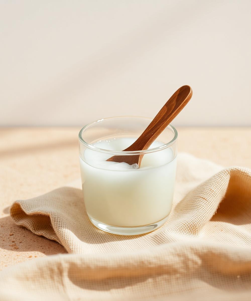 A clear glass jar filled with white yogurt or cream, with a wooden spoon resting inside, set on a beige linen cloth against a warm neutral background.