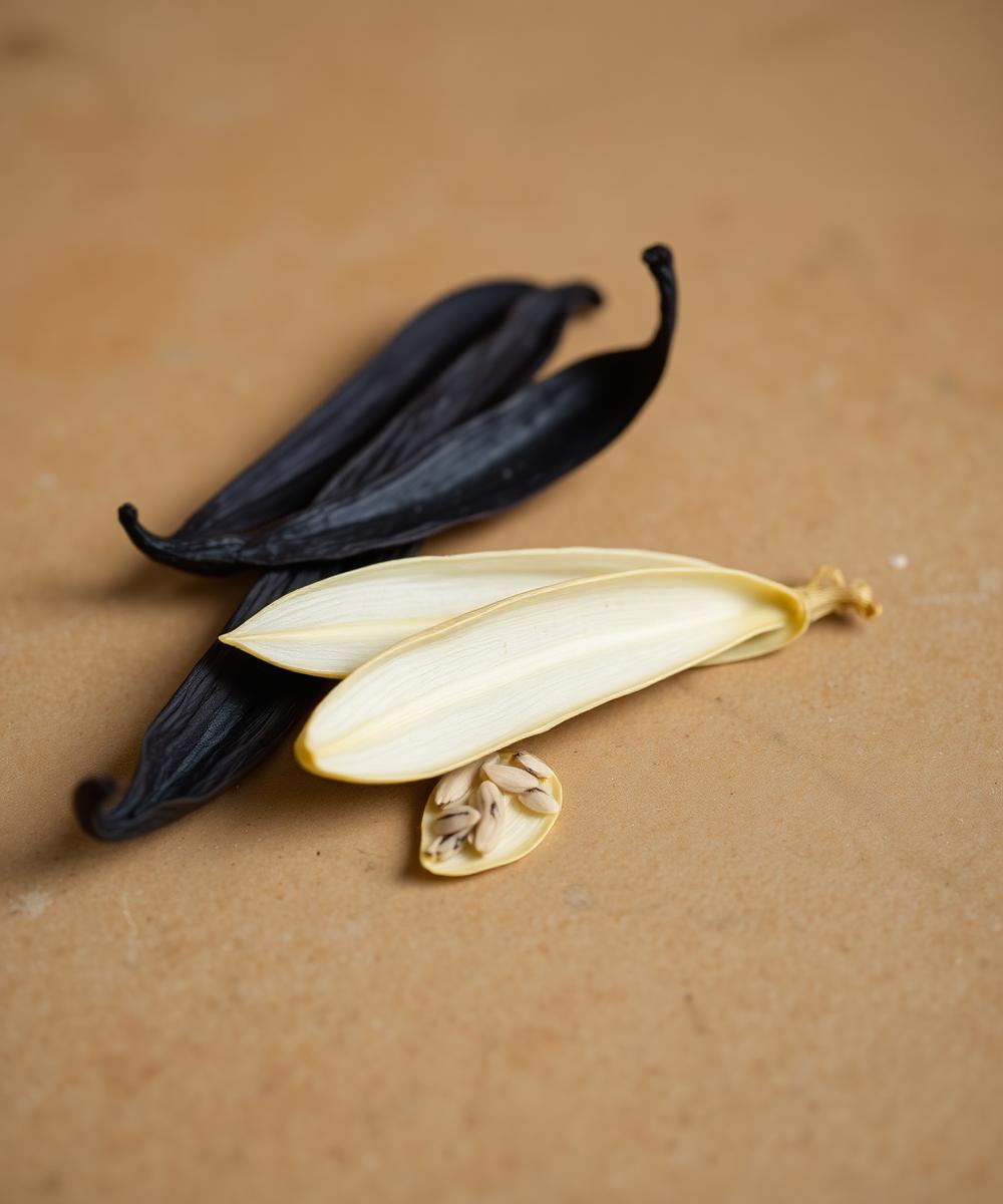 Two dried vanilla beans and a sliced pod showing the inner seed, arranged on a textured brown kraft paper background.